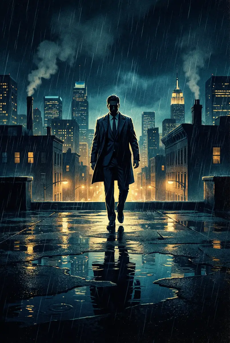 家有喜事粤语 出品影片《雨夜独行者》海报，雨中城市屋顶男性剪影